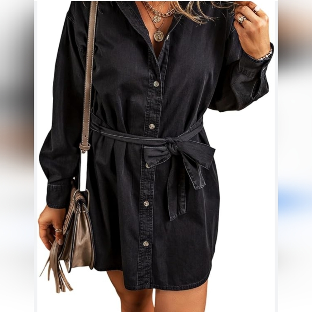 ASOS Black Button-Front Tie-Waist Shirt Dress